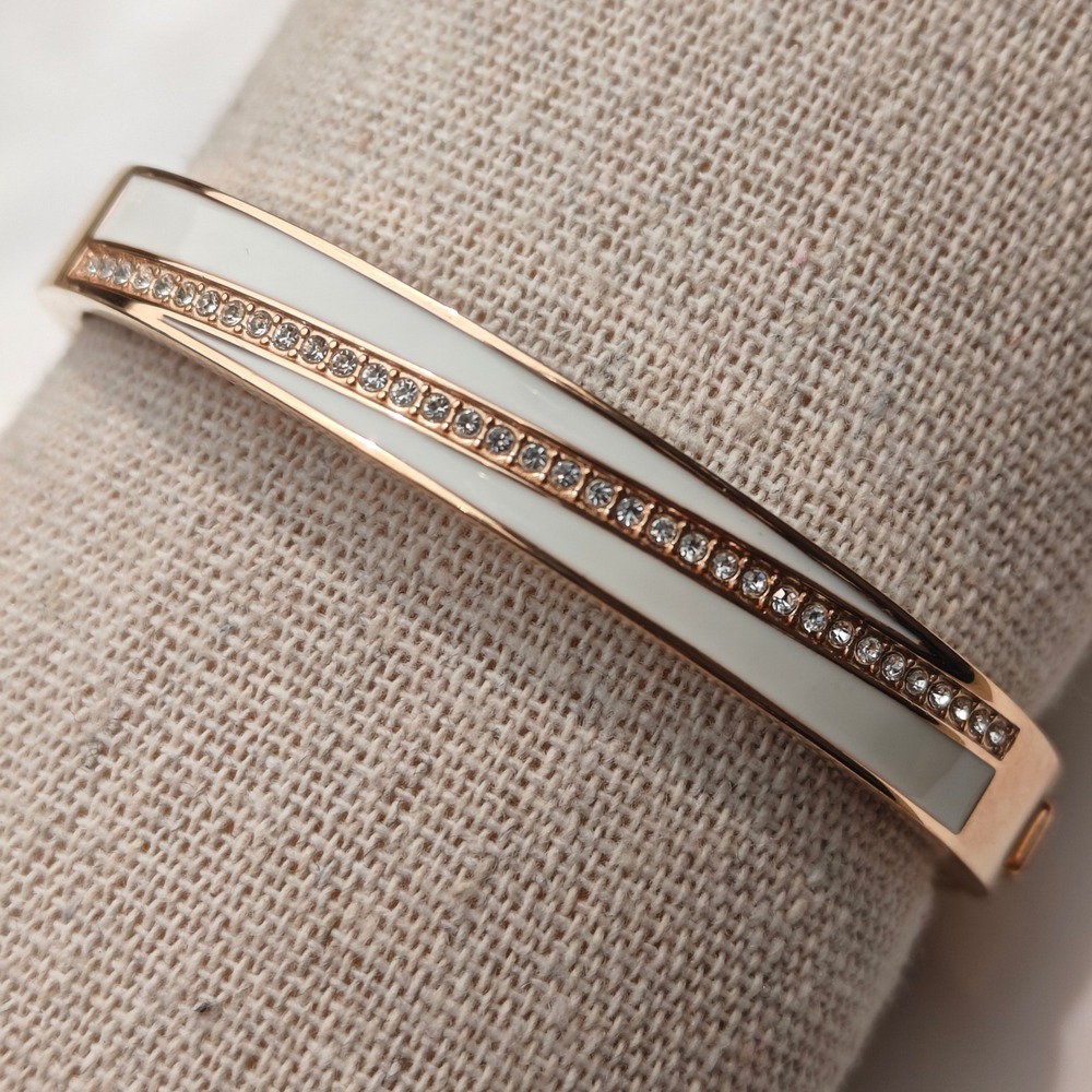 Gold White Enamel Inlay Pave Crystal Hinge Bangle Bracelet Cuff Womens Jewelry